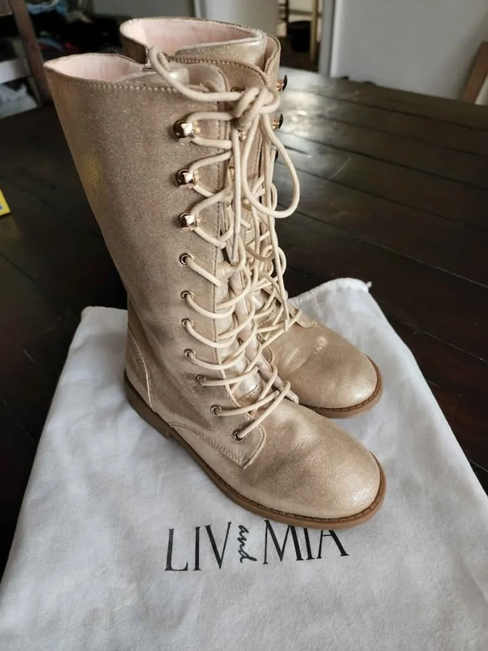 GIRLS Liv & Mia lace up Gold Glitter Knee High Boots